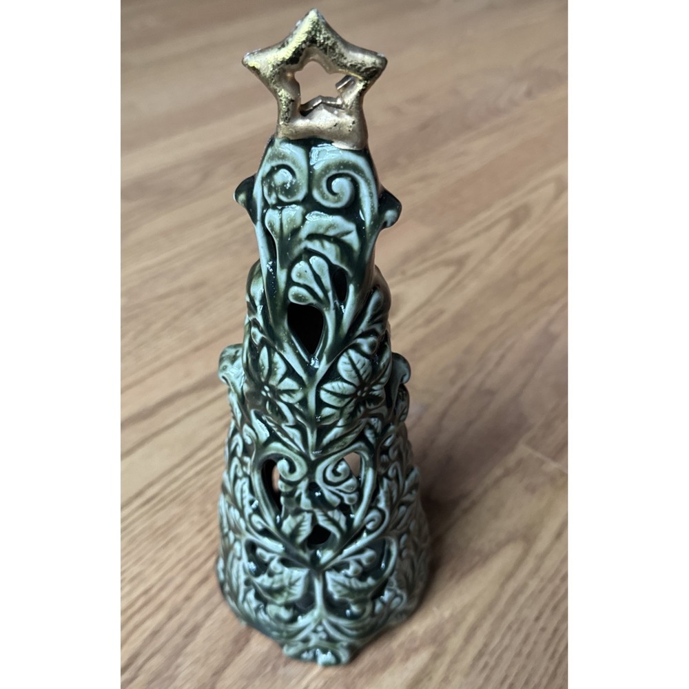 Christmas Tree Candle Holder Votive Tea Light 11" Ceramic Green/Gold By Elements